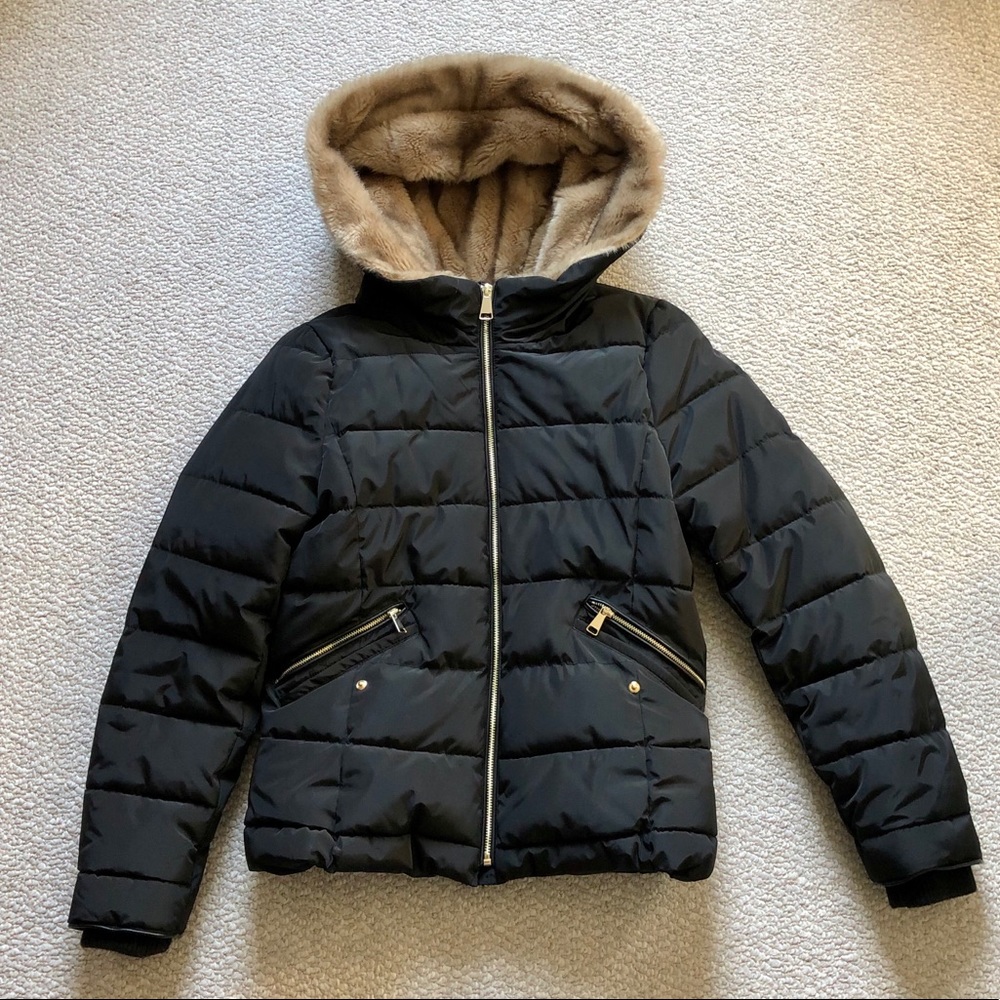 ZARA Black Puffer Coat With Faux Fur
